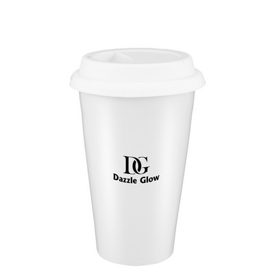 ~ Sheffield 10oz double wall ceramic tumbler, white with white silicone lid